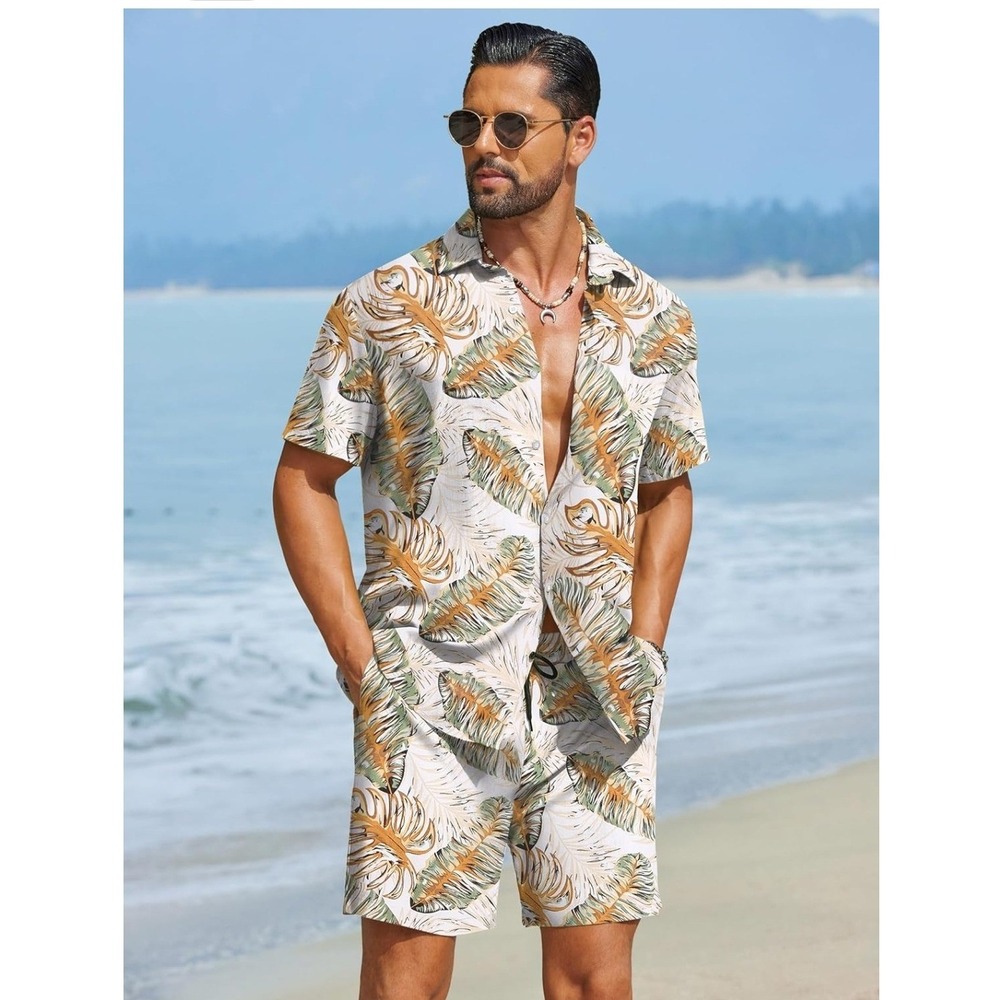 NWT Men's LG Hawaiian Summer Beach 2 Piece Button Down Shirt & Shorts Vacation - Picture 1 of 12